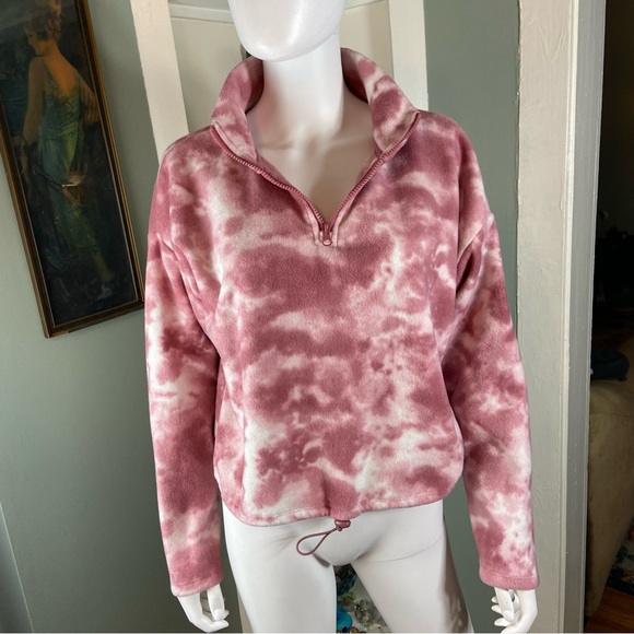 Hippie Rose Tops - Hippie Rose Pink White Tie-Dye Fleece Cropped Sweatshirt Sweater L Quarter Zip